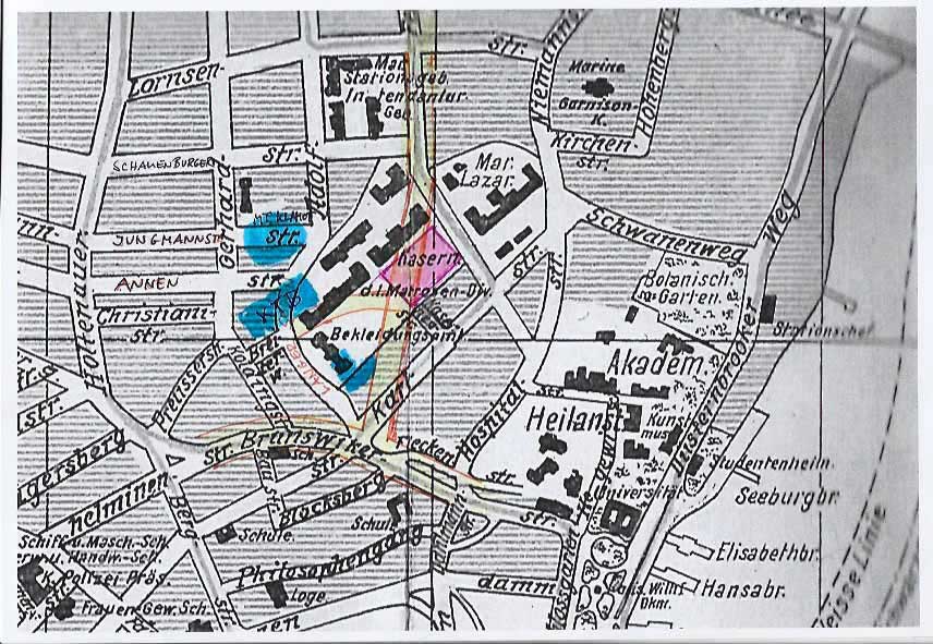 Lageplan: Der ehemalige Sportplatz auf dem Kasernengelände ist lila umrandet. © Stadt Kiel