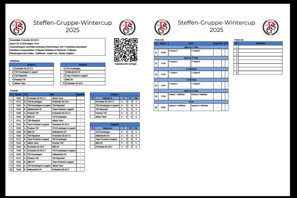 Spielplan Steffen-Gruppe-Wintercup. © 2025 Probsteier SG